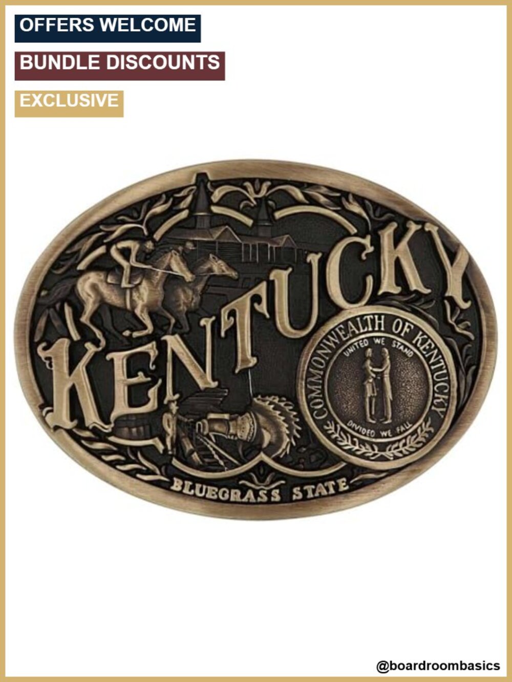 Kentucky State Seal Antiqued Brass Western Belt Buckle